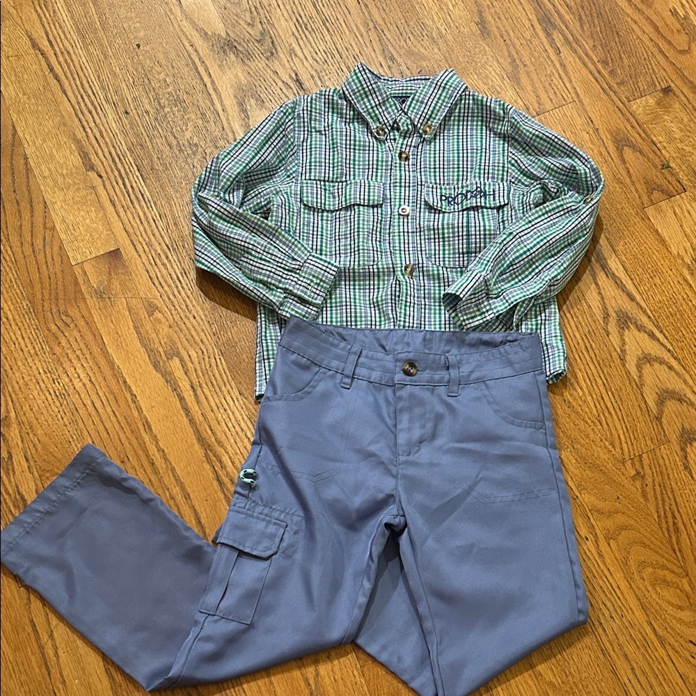 Kids Green Plaid Shirt and Blue Cargo Pants Set